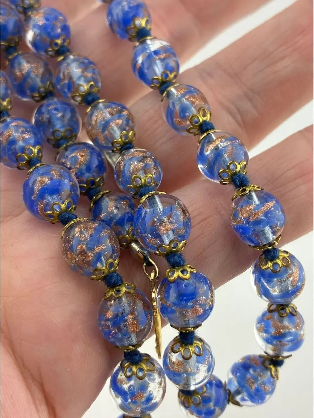 Vintage Blue Venetian Murano Glass Foil Beaded Necklace with Gold Tone Clasp 24